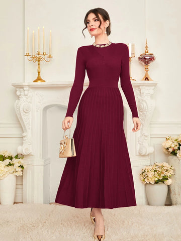 Modely Solid Pleated Hem Sweater Dress