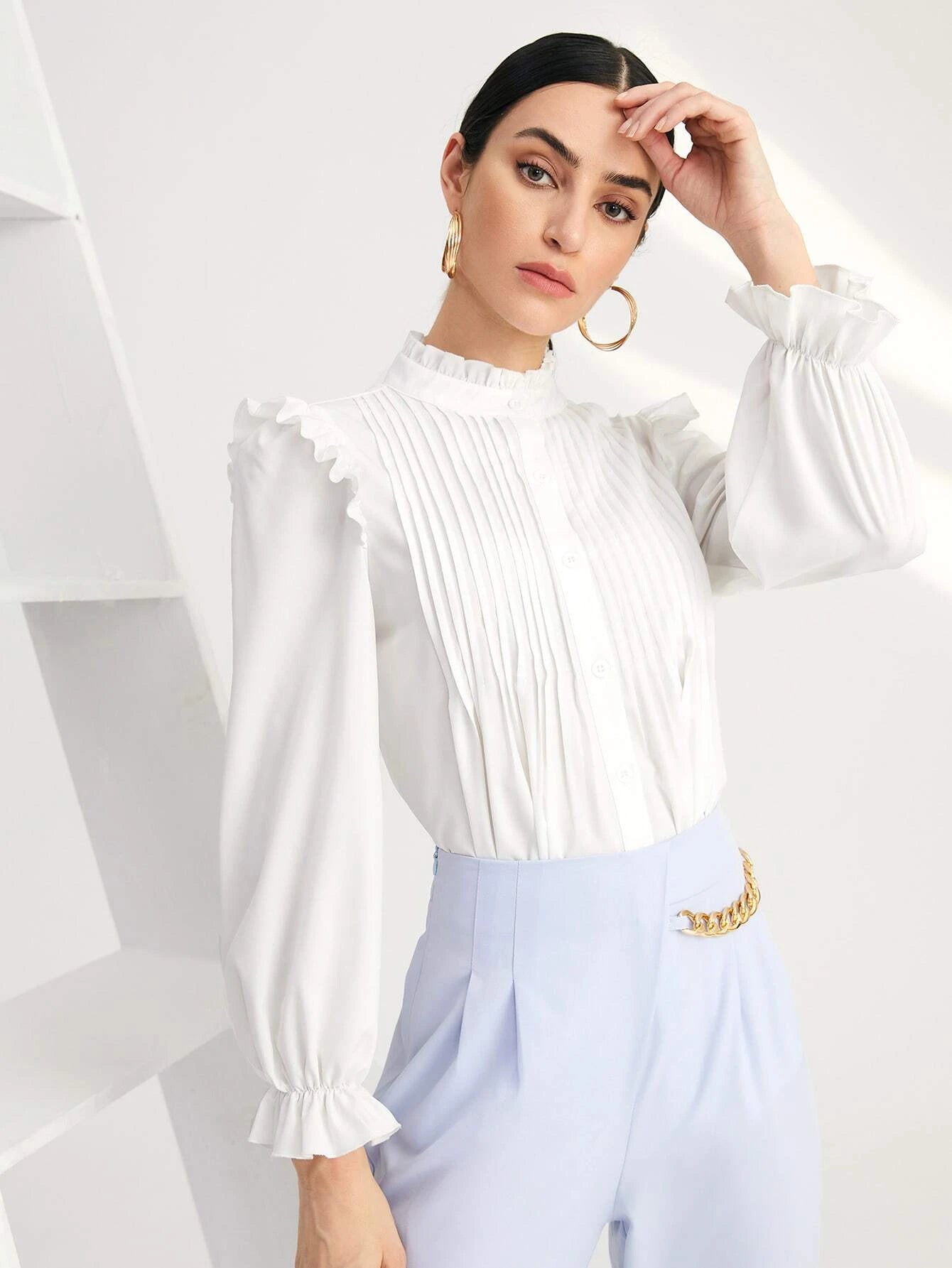 Modely Solid Pleated Ruffle Trim Blouse