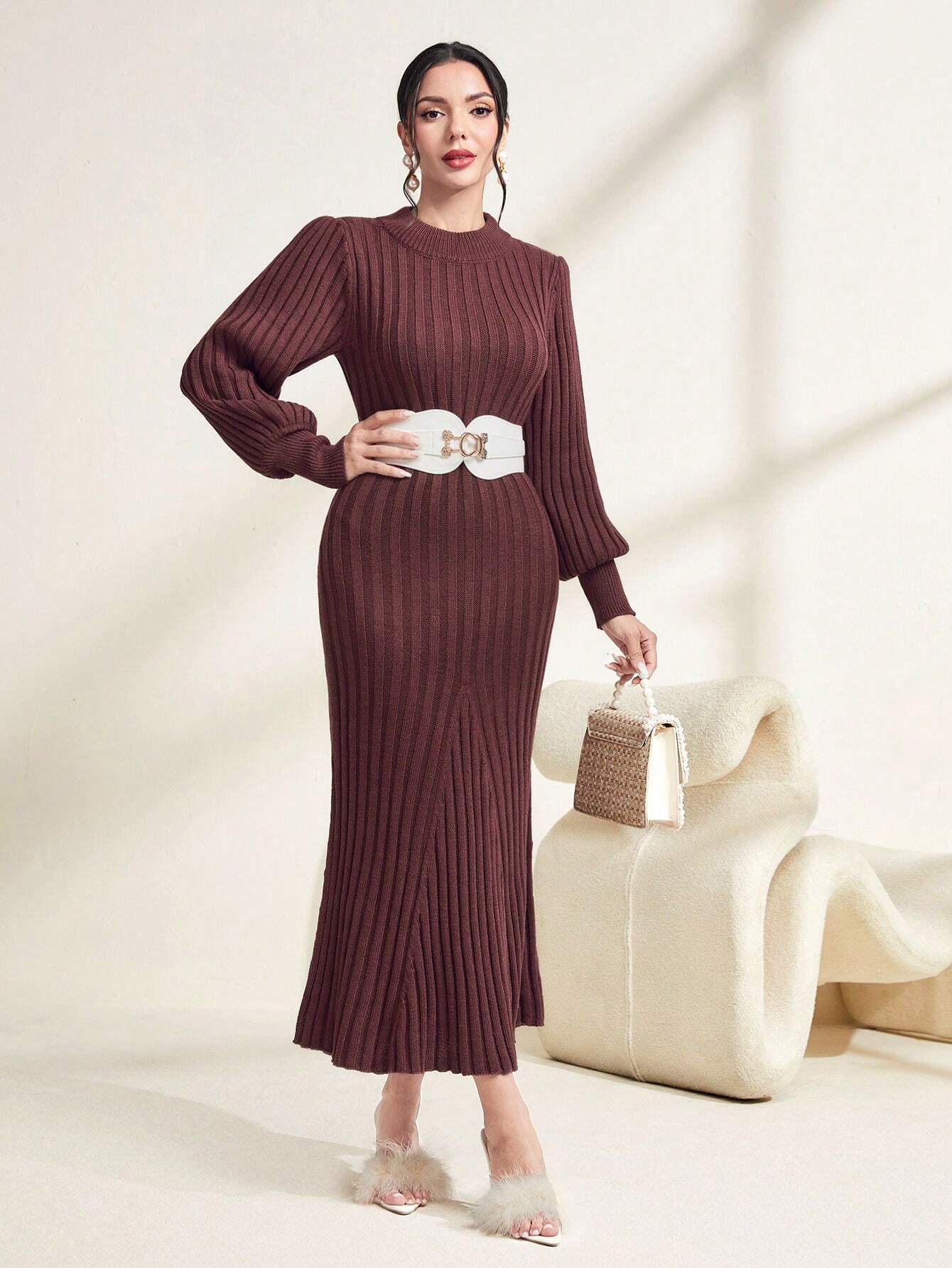Modely Solid Ribbed Knit Sweater Dress
