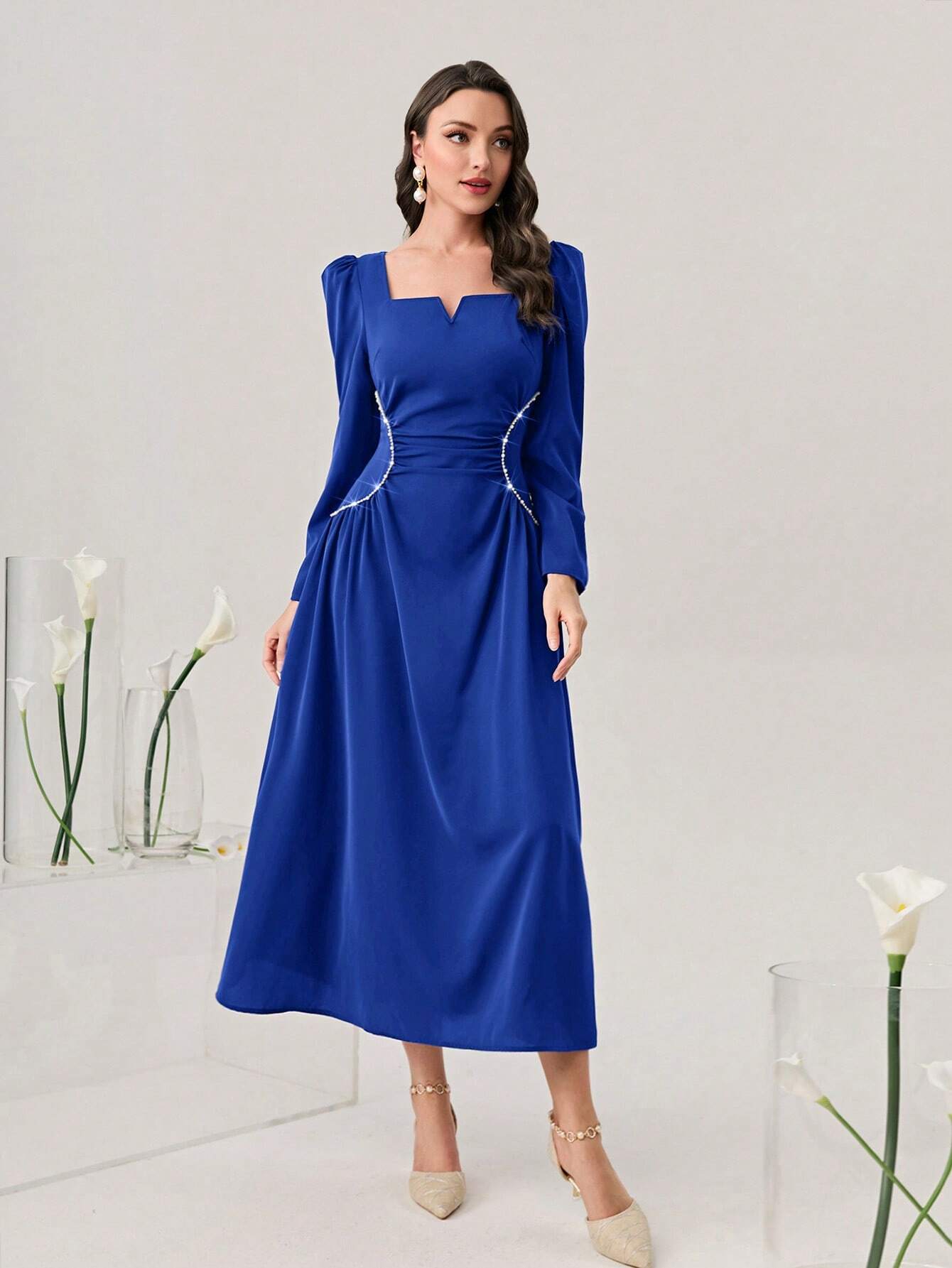 Modely Sweetheart Neck Puff Sleeve Ruched Front Dress