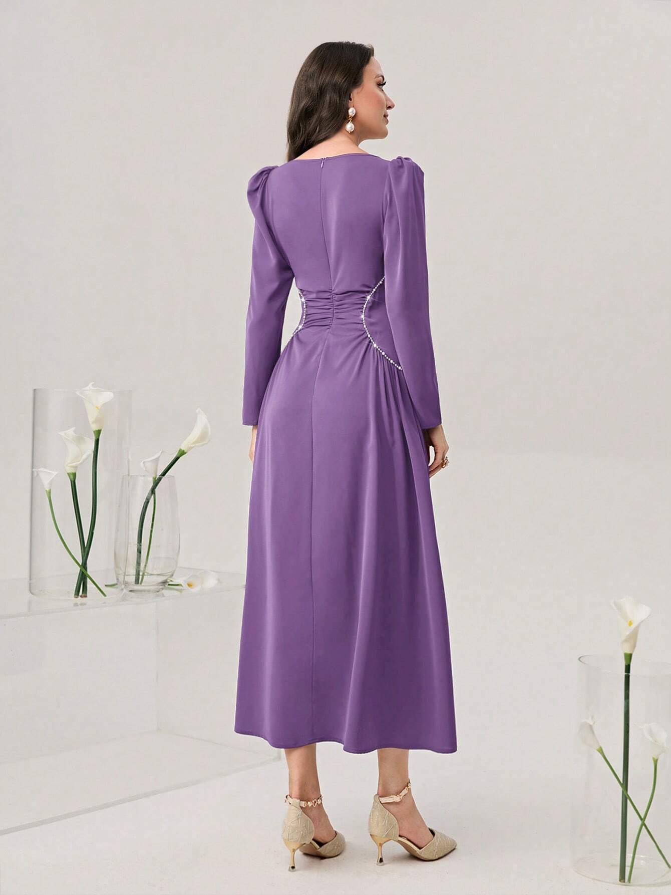 Modely Sweetheart Neck Puff Sleeve Ruched Front Dress