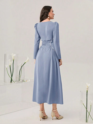 Modely Sweetheart Neck Puff Sleeve Ruched Front Dress