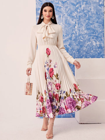 Modely Tie Neck Floral Print Pleated Hem Dress