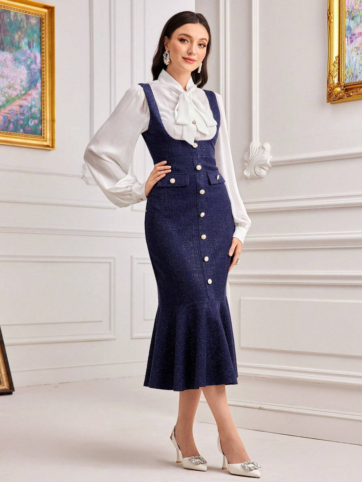 Modely Tie Neck Lantern Sleeve Top & Mermaid Hem Pinafore Dress