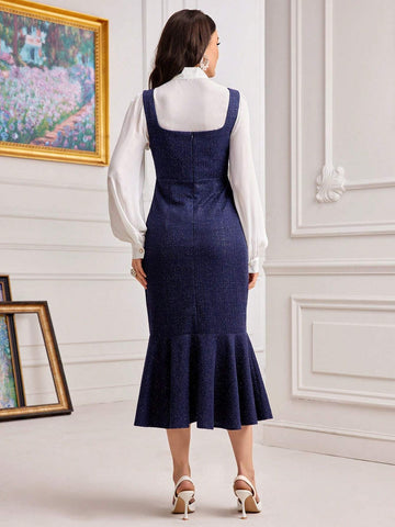 Modely Tie Neck Lantern Sleeve Top & Mermaid Hem Pinafore Dress