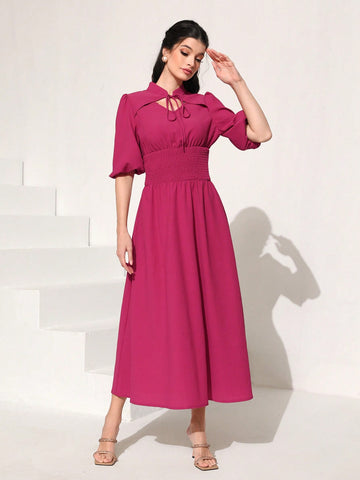 Modely Tie Neck Puff Sleeve Tie Front Dress