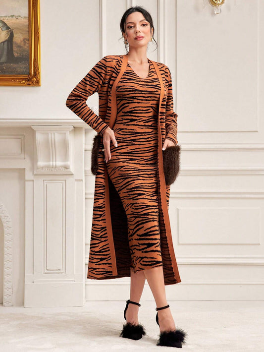 Modely Tiger Skin Pattern Sweater Dress & Open Front Cardigan