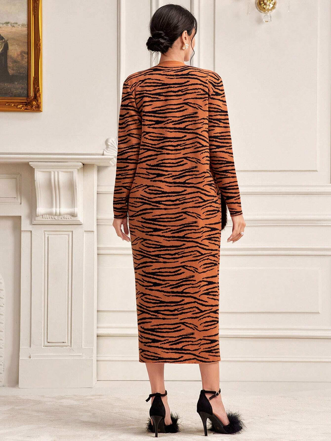 Modely Tiger Skin Pattern Sweater Dress & Open Front Cardigan