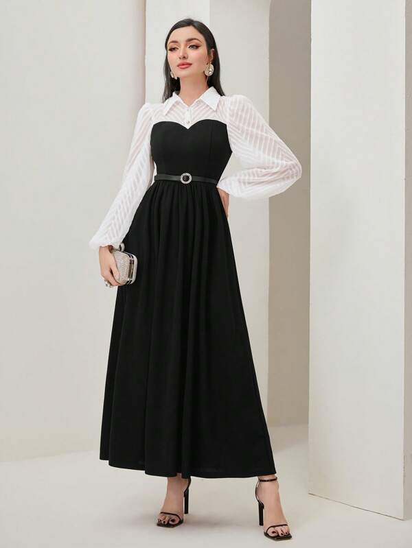 Modely Two Tone Lantern Sleeve Dress