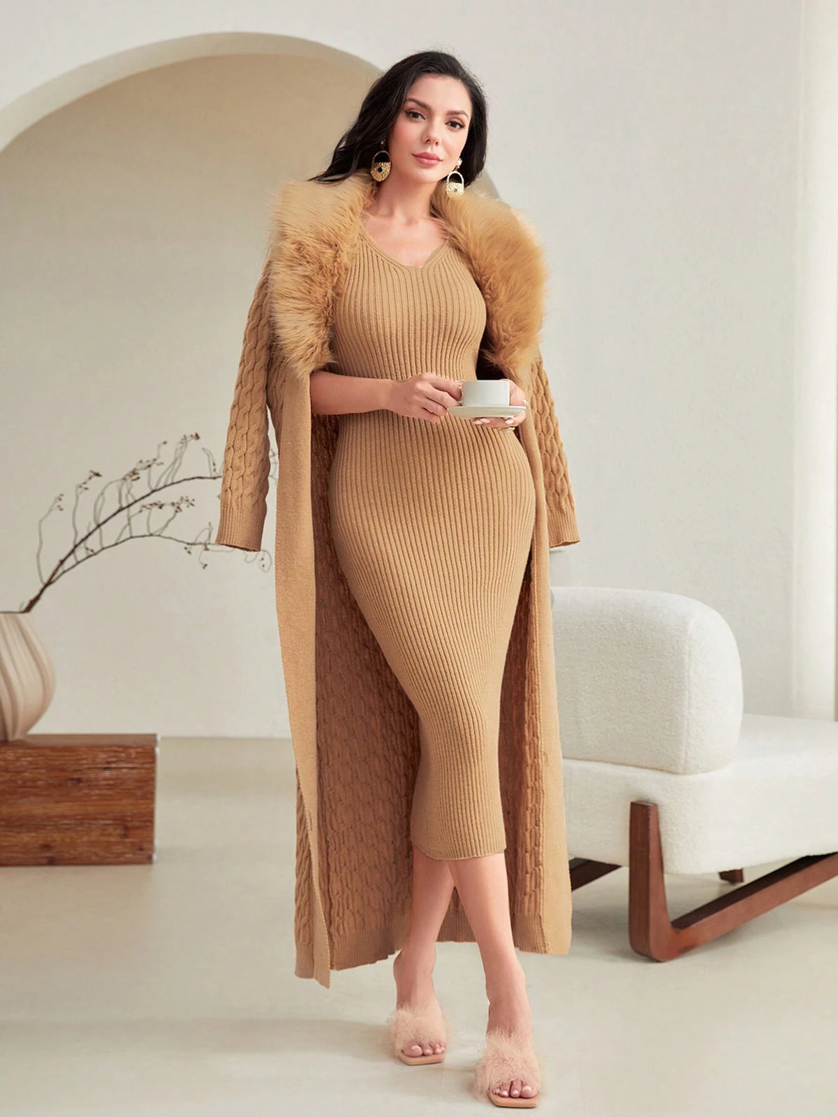 Modely Women's Furry Shawl Collar Long Sleeve Cardigan And Sweater Dress