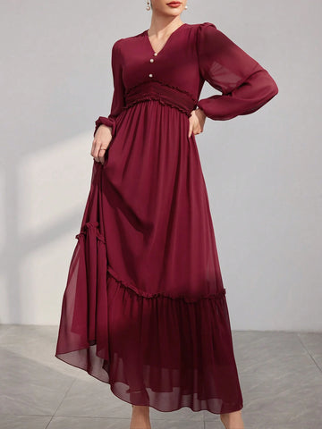 Modely Women's Lantern Sleeve Dress With V Neckline And Button Decoration