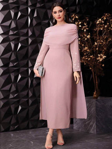 Modely Women's Long Sleeve Dress With Rhinestone Decoration