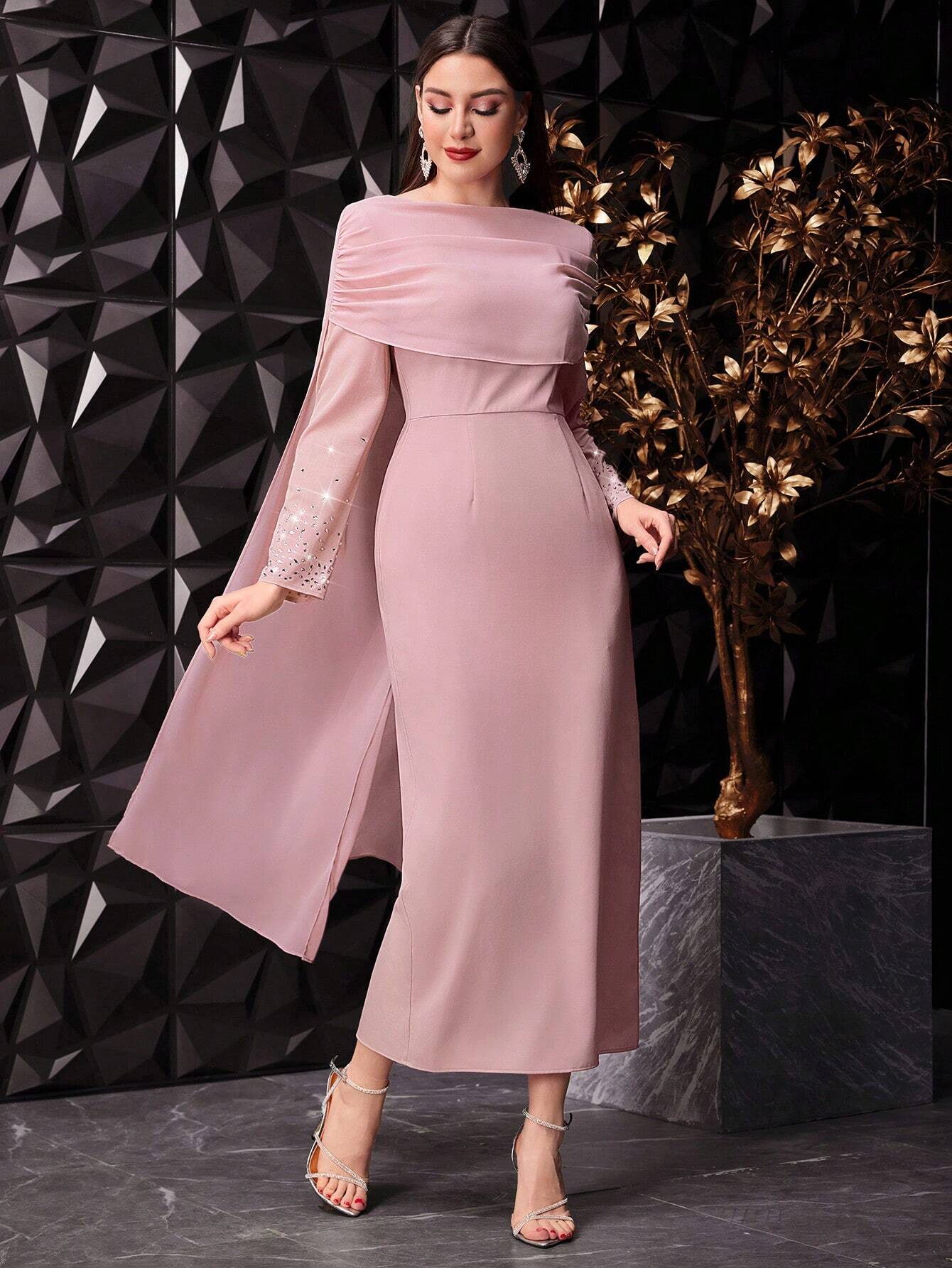 Modely Women's Long Sleeve Dress With Rhinestone Decoration