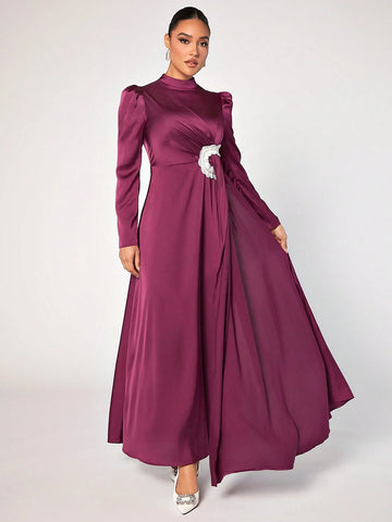 Modely Women's Stand Collar Puff Long Sleeve Asymmetric Hem Maxi Arabian Dress