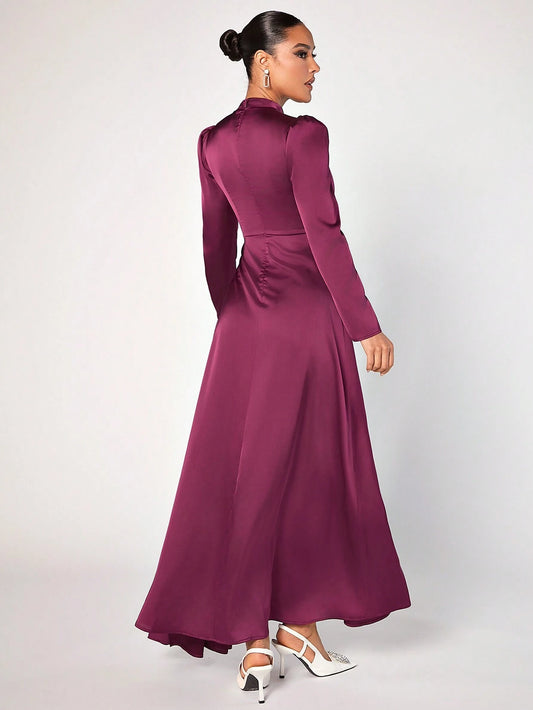 Modely Women's Stand Collar Puff Long Sleeve Asymmetric Hem Maxi Arabian Dress