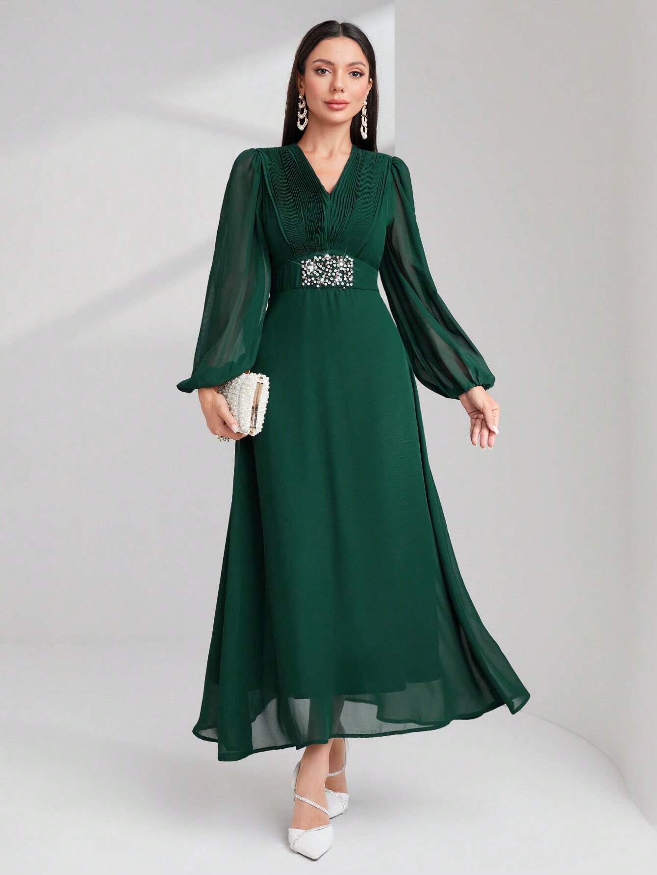 Modely Rhinestone and Pearls Detail Lantern Sleeve Dress