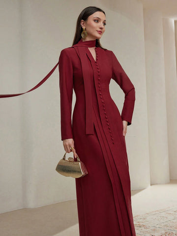 Women's Solid Color Front Button Closure Minimalist Long Sleeve Maxi Abaya Dress