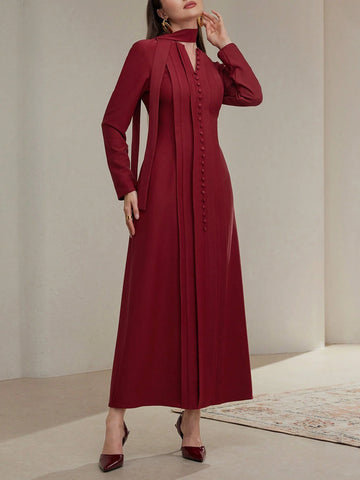 Women's Solid Color Front Button Closure Minimalist Long Sleeve Maxi Abaya Dress