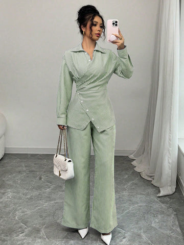 Modelyn 2pcs Women's Woven Striped Blue Tie Front Cardigan And Long Sleeve Top