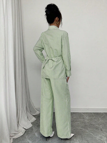 Modelyn 2pcs Women's Woven Striped Blue Tie Front Cardigan And Long Sleeve Top