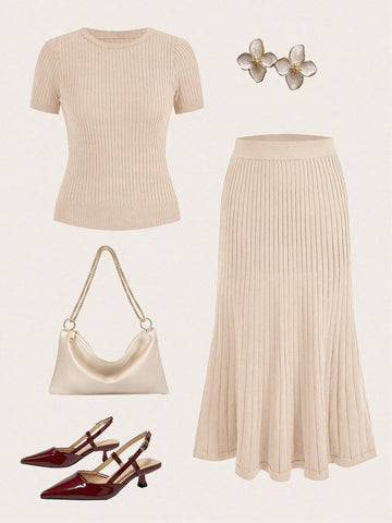 Women Solid Color Scoop Neck Short Sleeve Top And Elegant Knit Skirt Set