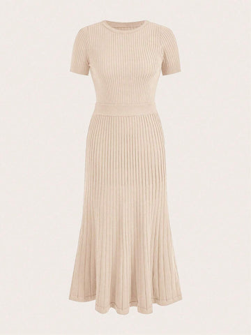 Women Solid Color Scoop Neck Short Sleeve Top And Elegant Knit Skirt Set