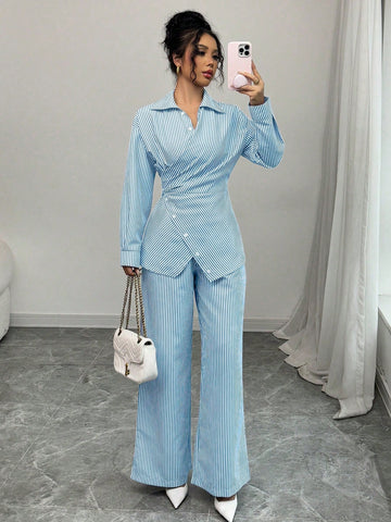 Modelyn 2pcs Women's Woven Striped Blue Tie Front Cardigan And Long Sleeve Top