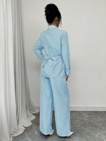 Modelyn 2pcs Women's Woven Striped Blue Tie Front Cardigan And Long Sleeve Top