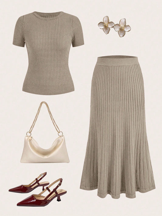 Women Solid Color Scoop Neck Short Sleeve Top And Elegant Knit Skirt Set