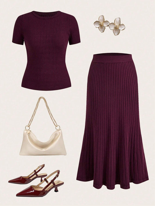 Women Solid Color Scoop Neck Short Sleeve Top And Elegant Knit Skirt Set