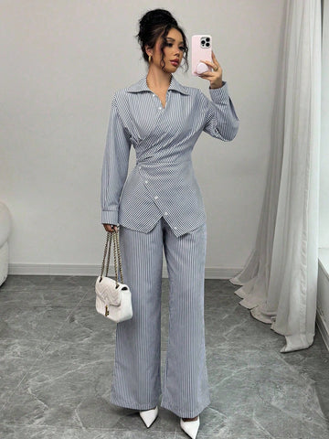 Modelyn 2pcs Women's Woven Striped Blue Tie Front Cardigan And Long Sleeve Top