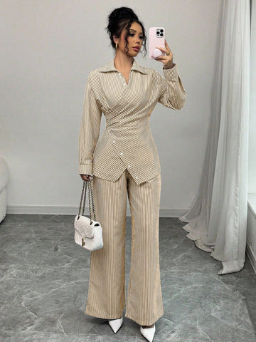 Modelyn 2pcs Women's Woven Striped Blue Tie Front Cardigan And Long Sleeve Top