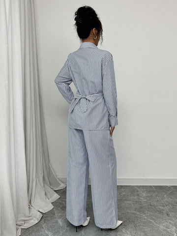 Modelyn 2pcs Women's Woven Striped Blue Tie Front Cardigan And Long Sleeve Top