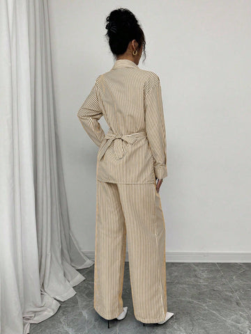 Modelyn 2pcs Women's Woven Striped Blue Tie Front Cardigan And Long Sleeve Top