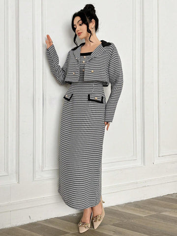 Women's Elegant Romantic Houndstooth Color Block Outfit