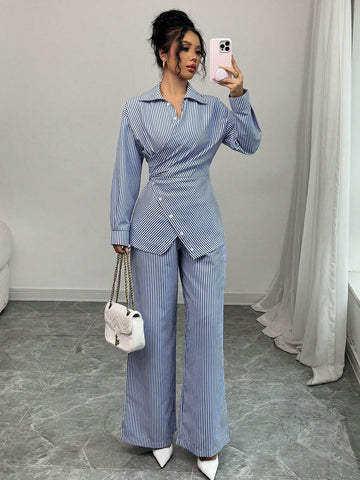 Modelyn 2pcs Women's Woven Striped Blue Tie Front Cardigan And Long Sleeve Top