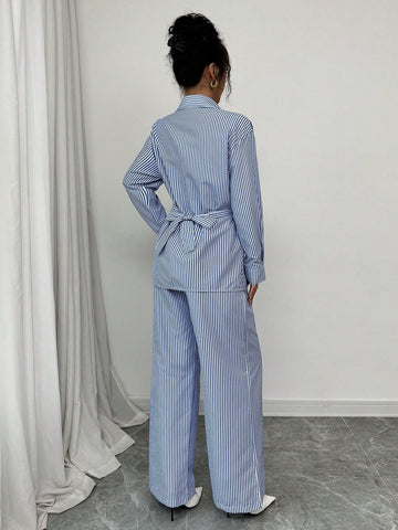 Modelyn 2pcs Women's Woven Striped Blue Tie Front Cardigan And Long Sleeve Top