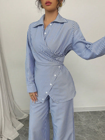 Modelyn 2pcs Women's Woven Striped Blue Tie Front Cardigan And Long Sleeve Top