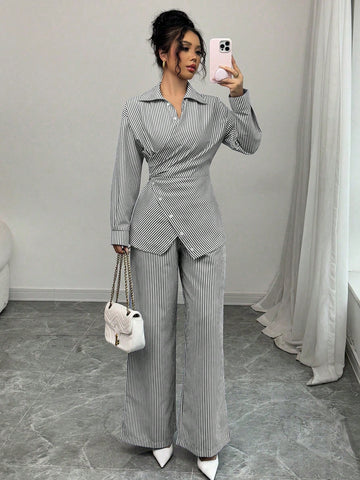 Modelyn 2pcs Women's Woven Striped Blue Tie Front Cardigan And Long Sleeve Top