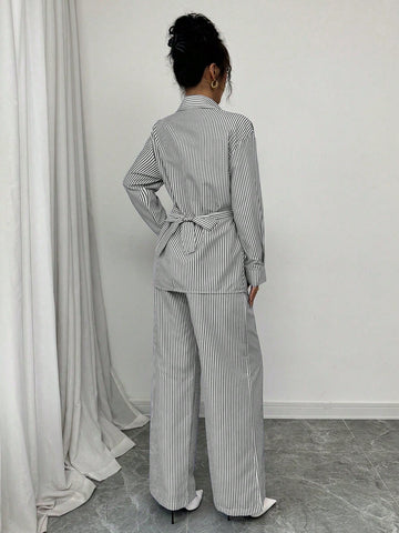 Modelyn 2pcs Women's Woven Striped Blue Tie Front Cardigan And Long Sleeve Top