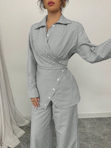 Modelyn 2pcs Women's Woven Striped Blue Tie Front Cardigan And Long Sleeve Top