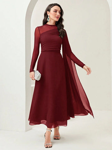 Women's Round Neck Long Sleeve Mesh Contrast Ruffle Maxi Elegant Dress
