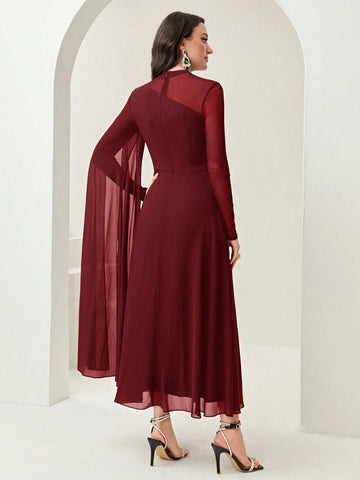 Women's Round Neck Long Sleeve Mesh Contrast Ruffle Maxi Elegant Dress