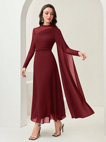 Women's Round Neck Long Sleeve Mesh Contrast Ruffle Maxi Elegant Dress