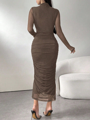 Women's Solid Color Minimalist Everyday Long Sleeve Mesh Dress