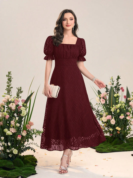 Modelyn Square Neck Puff Sleeve Mesh Overlay Dress Long
