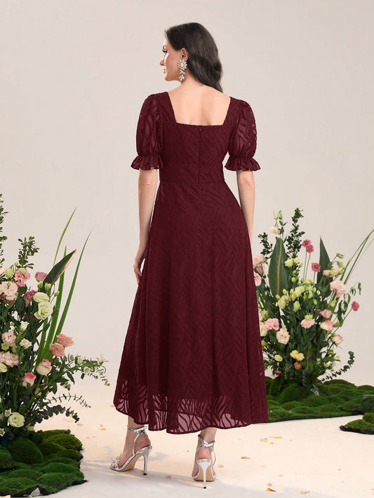 Modelyn Square Neck Puff Sleeve Mesh Overlay Dress Long