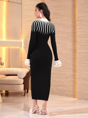 Modelyn Contrast Lace Flounce Sleeve Sweater Dress