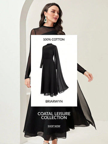 Women's Round Neck Long Sleeve Mesh Contrast Ruffle Maxi Elegant Dress