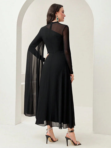 Women's Round Neck Long Sleeve Mesh Contrast Ruffle Maxi Elegant Dress